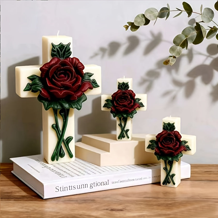 1pc Candle Mold for Large, Medium, And Small Cross-Shaped Scented Candles, Silicone Mold for Cross And Rose Soap Or Plaster