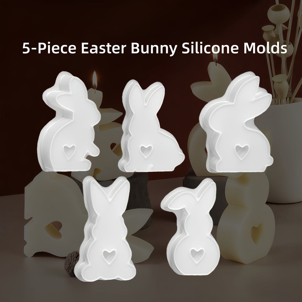 Set of 5 Silicone Molds for Easter Bunnies, Heart-Shaped Bunny Candle Molds, And Plaster Molds for Easter Bunny Decorations. Perfect for Projects Like Plaster, Candles, And Resin Crafts, Ideal for Home Decor, Easter Gifts