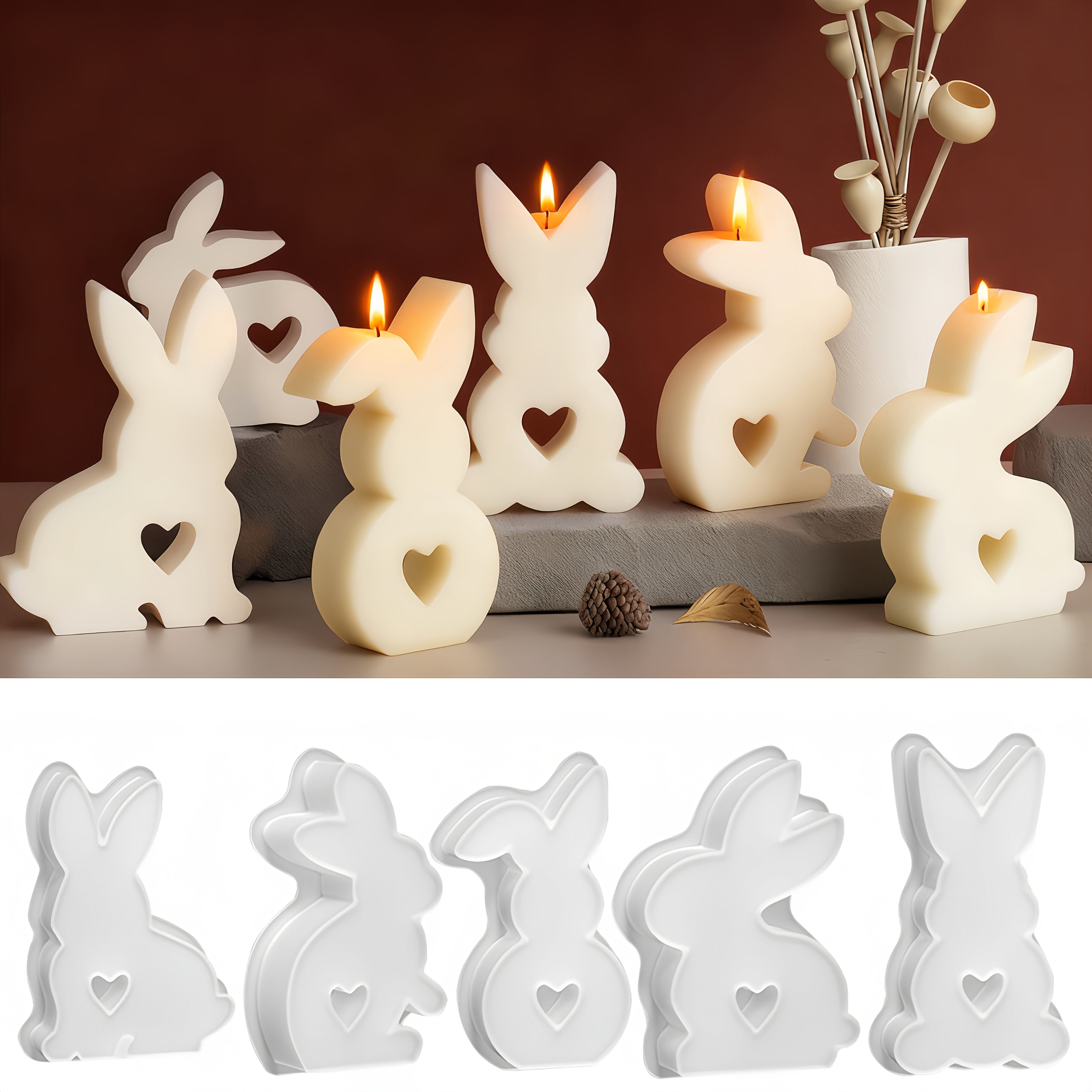 Set of 5 Silicone Molds for Easter Bunnies, Heart-Shaped Bunny Candle Molds, And Plaster Molds for Easter Bunny Decorations. Perfect for Projects Like Plaster, Candles, And Resin Crafts, Ideal for Home Decor, Easter Gifts
