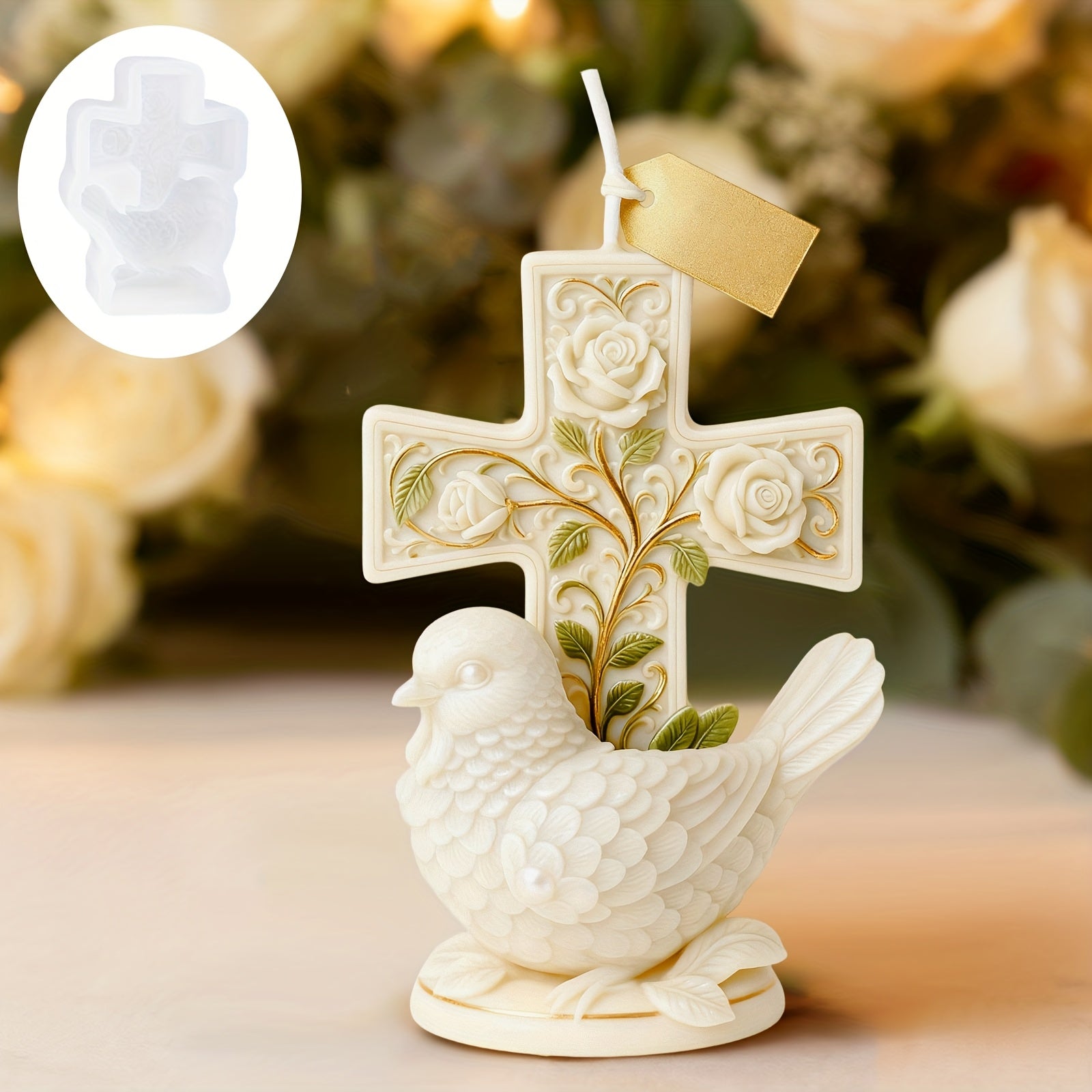 Resin Casting Molds Feature a Dove Design for Candle Making, Intricately Carved with Details of a White Dove And a Cross. This Flexible Silicone Mold Is Easy to Release And Reusable, Making It Ideal for Creating Scented Candles, Resin Art Pieces