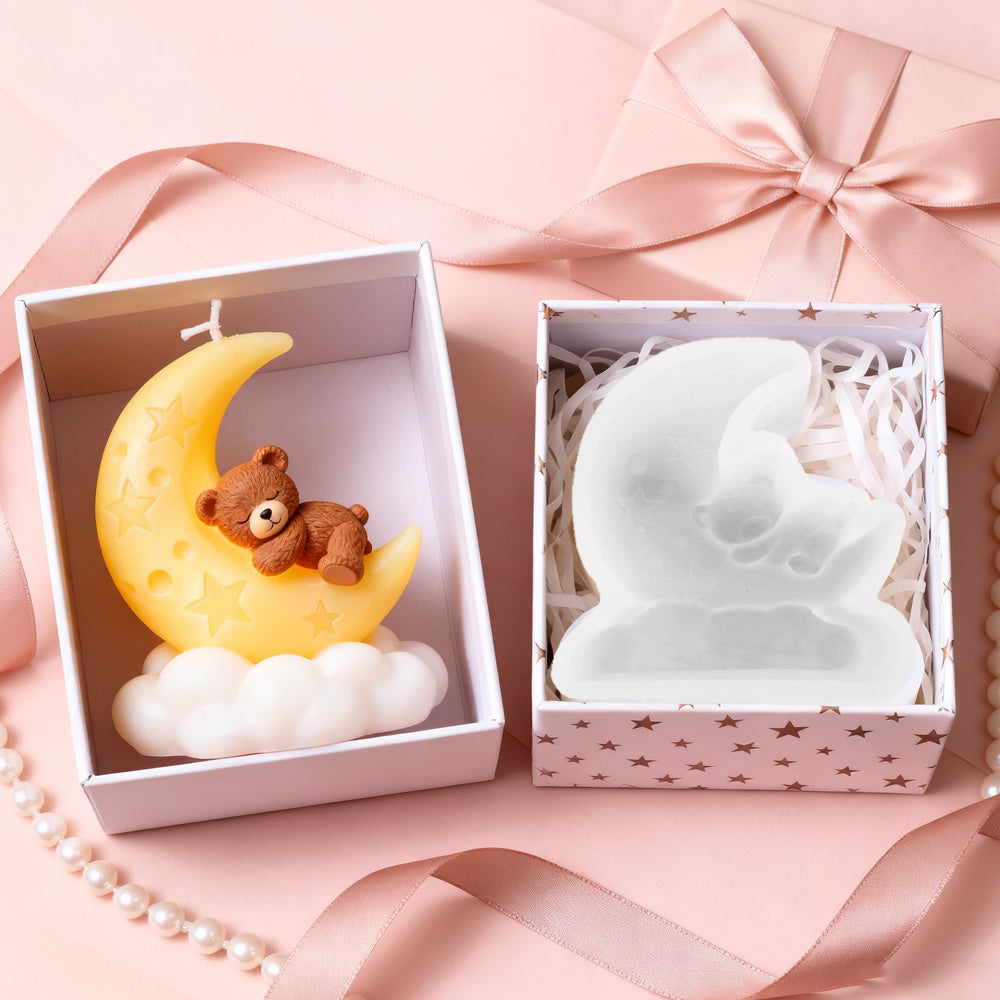 3D Non-Stick Reusable Silicone Mold Compatible for DIY Candle Making & Resin Crafts - Sleeping Bear & Crescent Moon with Clouds Mould, Bedtime-Themed for home Decor, Plaster, Wax Creations - Dreamy Craft for s &