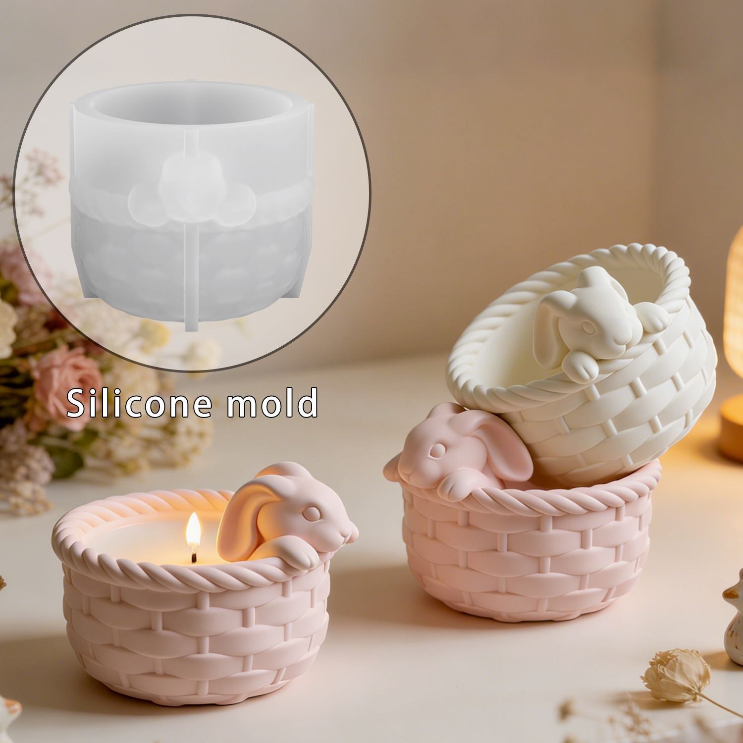 Flower basket, rabbit, candle cup mold, pastoral bamboo basket, plaster silicone mold
