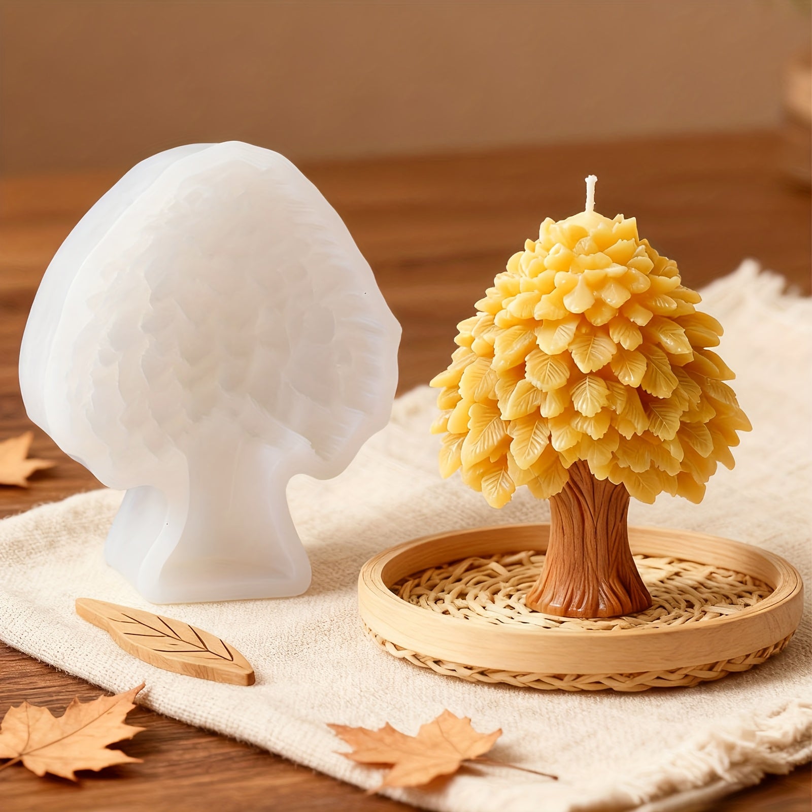 1pc Autumn Atmosphere Flat Bottom Tree-Shaped Falling Leaves Candle Mold, Realistic Leaves and Roots, High-Temperature Resistant Reusable Silicone Mold, Easy Demolding, Suitable for Handmade DIY Scented Candles/Plaster Crafts/Handmade Soap/Resin