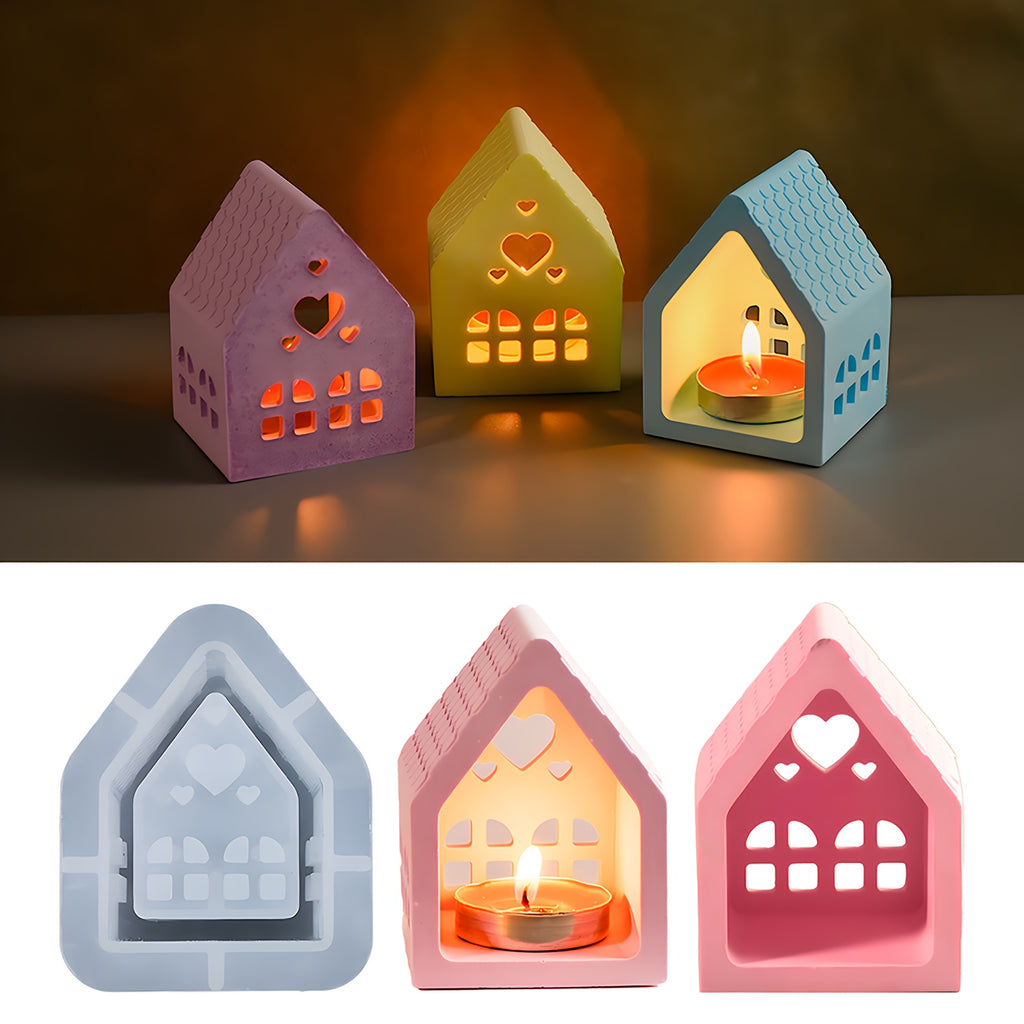 1pc Candlestick Silicone Casting Mold - Heart House Tea Light Holder Plaster Craft Mold, DIY House Shape Cement Candlestick Silicone Mold - Home Decoration Gift Ideas