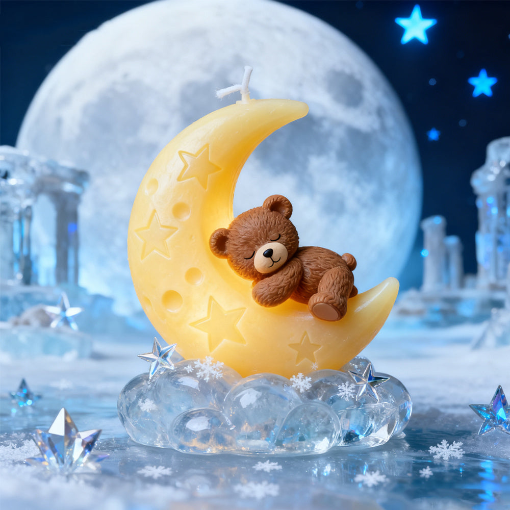 3D Non-Stick Reusable Silicone Mold Compatible for DIY Candle Making & Resin Crafts - Sleeping Bear & Crescent Moon with Clouds Mould, Bedtime-Themed for home Decor, Plaster, Wax Creations - Dreamy Craft for s &