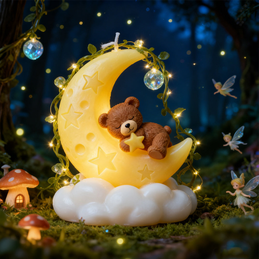 3D Non-Stick Reusable Silicone Mold Compatible for DIY Candle Making & Resin Crafts - Sleeping Bear & Crescent Moon with Clouds Mould, Bedtime-Themed for home Decor, Plaster, Wax Creations - Dreamy Craft for s &