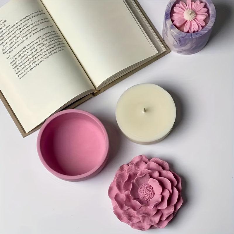 Clay Mold for Peony Flower Jar, Plaster Clay Silicone Mold Storage Container with Camellia Flower Lid, Aromatherapy Plaster Cement Candle Holder Mold