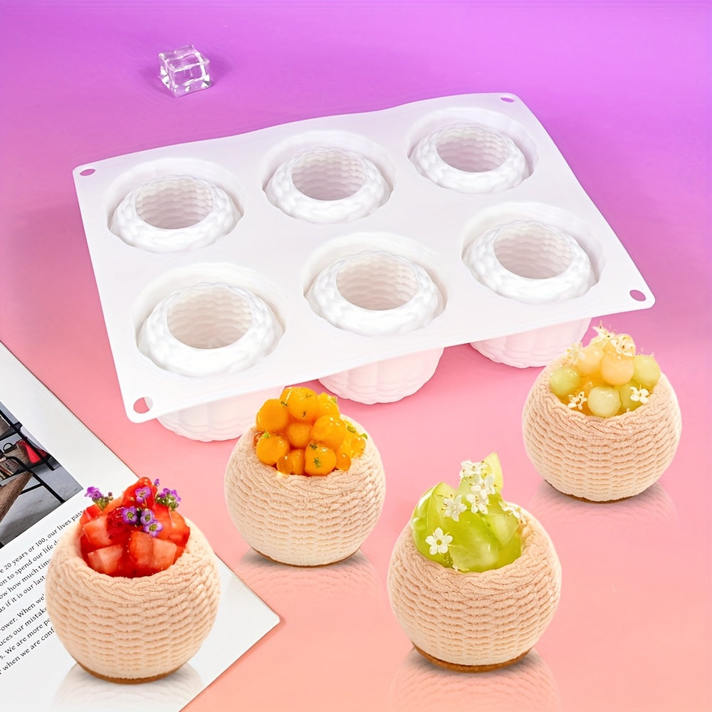 6-cavity Round Valentine's Day Flower Basket Mousse Cake Silicone Mold Woven Texture Dessert Baking Cake Silicone Mold Ice Cream Glue Drop Mold