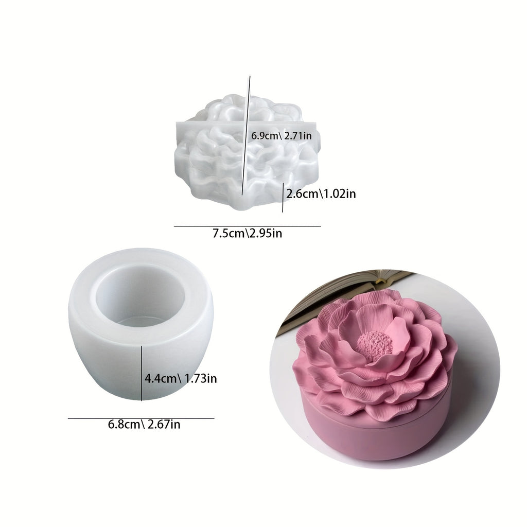 Clay Mold for Peony Flower Jar, Plaster Clay Silicone Mold Storage Container with Camellia Flower Lid, Aromatherapy Plaster Cement Candle Holder Mold