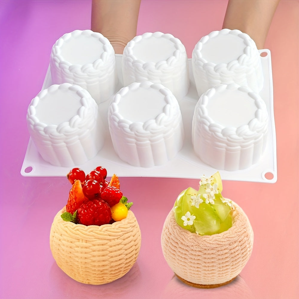 6-cavity Round Valentine's Day Flower Basket Mousse Cake Silicone Mold Woven Texture Dessert Baking Cake Silicone Mold Ice Cream Glue Drop Mold