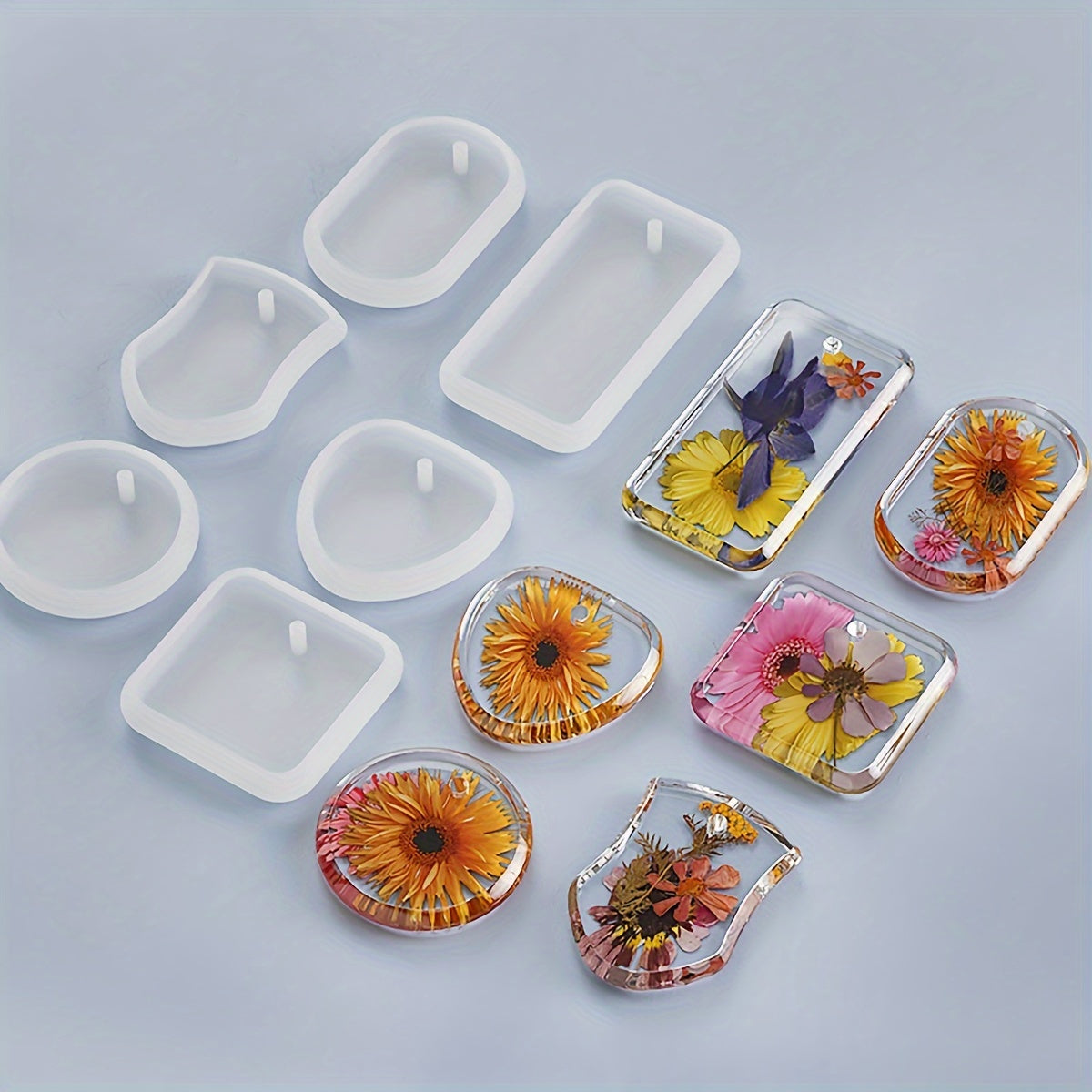 ilicone Resin Casting Molds Set of 6, Keychain Pendant Epoxy Molds for Jewelry Making, Dry Flower Decoration, Necklace Charms, Heart & Geometric Shapes for DIY Crafts