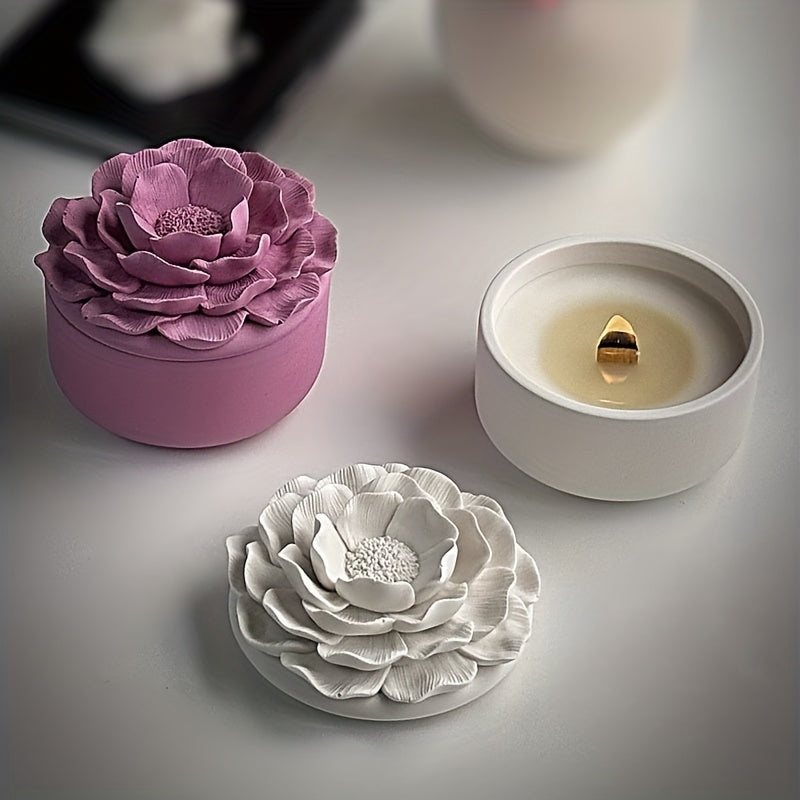 Clay Mold for Peony Flower Jar, Plaster Clay Silicone Mold Storage Container with Camellia Flower Lid, Aromatherapy Plaster Cement Candle Holder Mold
