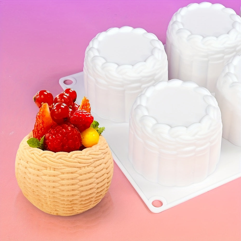 6-cavity Round Valentine's Day Flower Basket Mousse Cake Silicone Mold Woven Texture Dessert Baking Cake Silicone Mold Ice Cream Glue Drop Mold