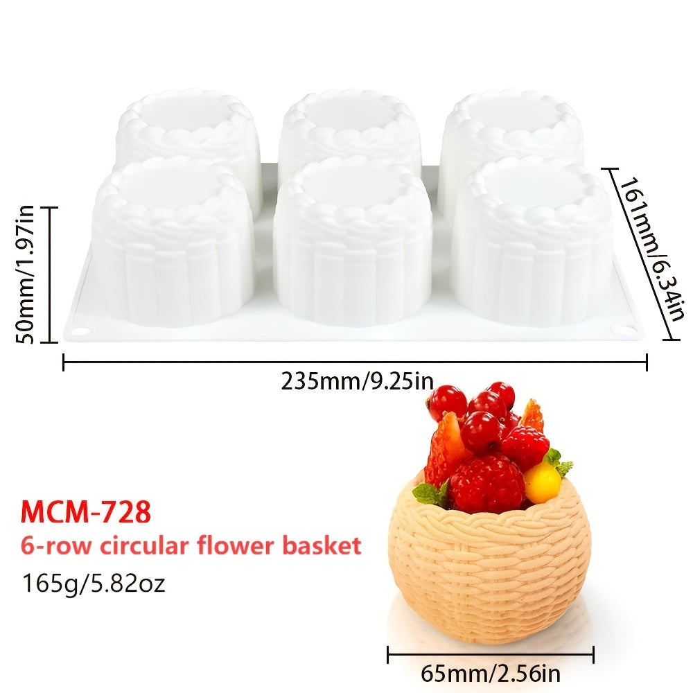 6-cavity Round Valentine's Day Flower Basket Mousse Cake Silicone Mold Woven Texture Dessert Baking Cake Silicone Mold Ice Cream Glue Drop Mold