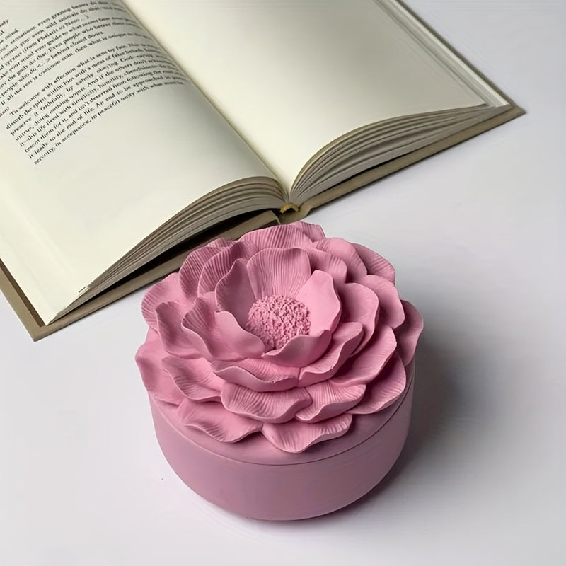 Clay Mold for Peony Flower Jar, Plaster Clay Silicone Mold Storage Container with Camellia Flower Lid, Aromatherapy Plaster Cement Candle Holder Mold