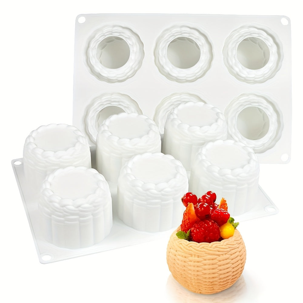 6-cavity Round Valentine's Day Flower Basket Mousse Cake Silicone Mold Woven Texture Dessert Baking Cake Silicone Mold Ice Cream Glue Drop Mold