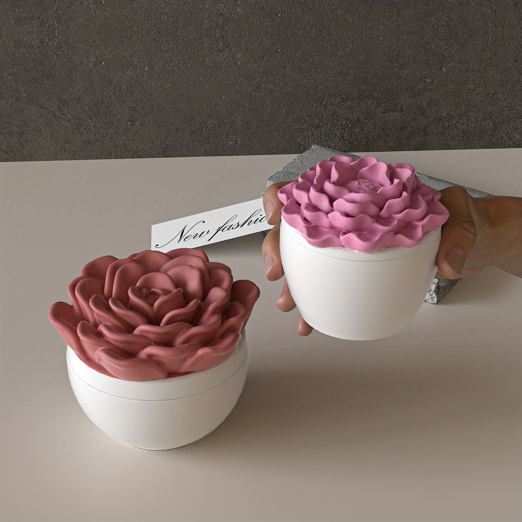 Clay Mold for Peony Flower Jar, Plaster Clay Silicone Mold Storage Container with Camellia Flower Lid, Aromatherapy Plaster Cement Candle Holder Mold