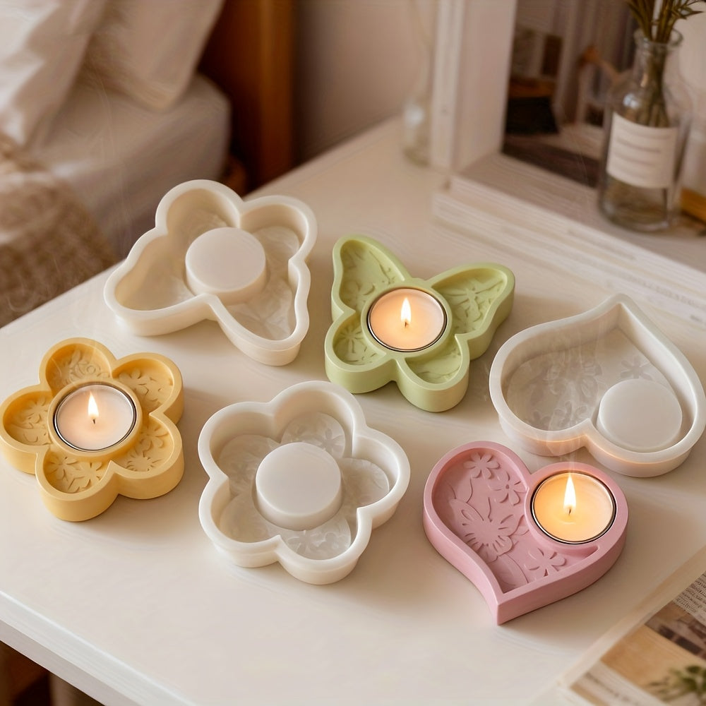 Reusable Silicone Candle Holder Mold - Heart/Flower/Butterfly Design, Durable & Easy-to-Clean, Perfect for Plaster/Resin/Concrete Casting, Tealight Holder Craft