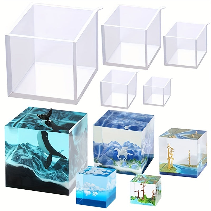 5pcs Square Resin Mold Silicone Epoxy Resin Pouring Mold DIY Box Resin Silicone Set Mold Transparent Cube Silicone Mold For Resin Casting