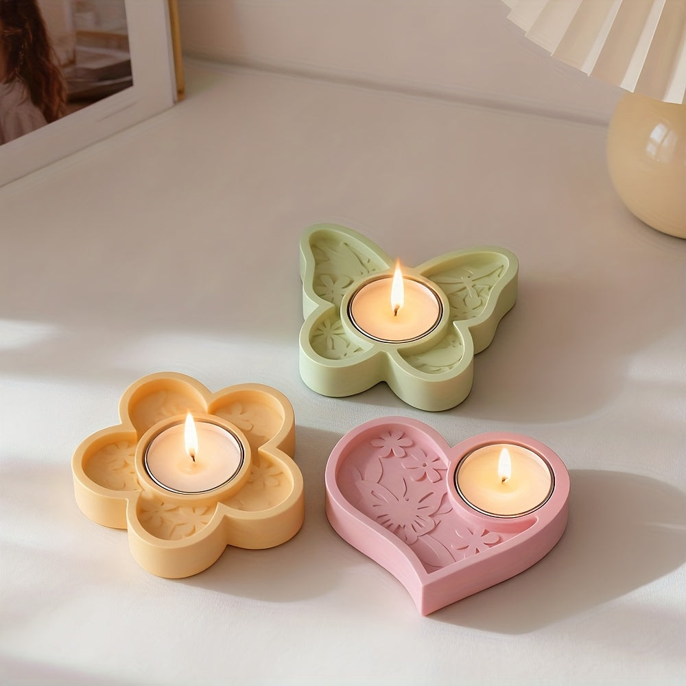 Reusable Silicone Candle Holder Mold - Heart/Flower/Butterfly Design, Durable & Easy-to-Clean, Perfect for Plaster/Resin/Concrete Casting, Tealight Holder Craft