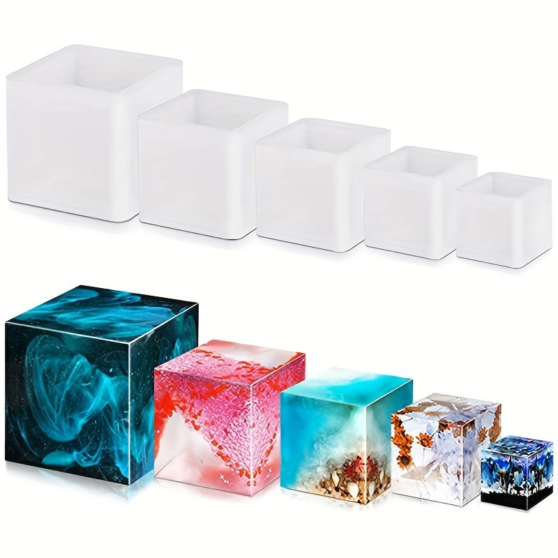 5pcs Square Resin Mold Silicone Epoxy Resin Pouring Mold DIY Box Resin Silicone Set Mold Transparent Cube Silicone Mold For Resin Casting