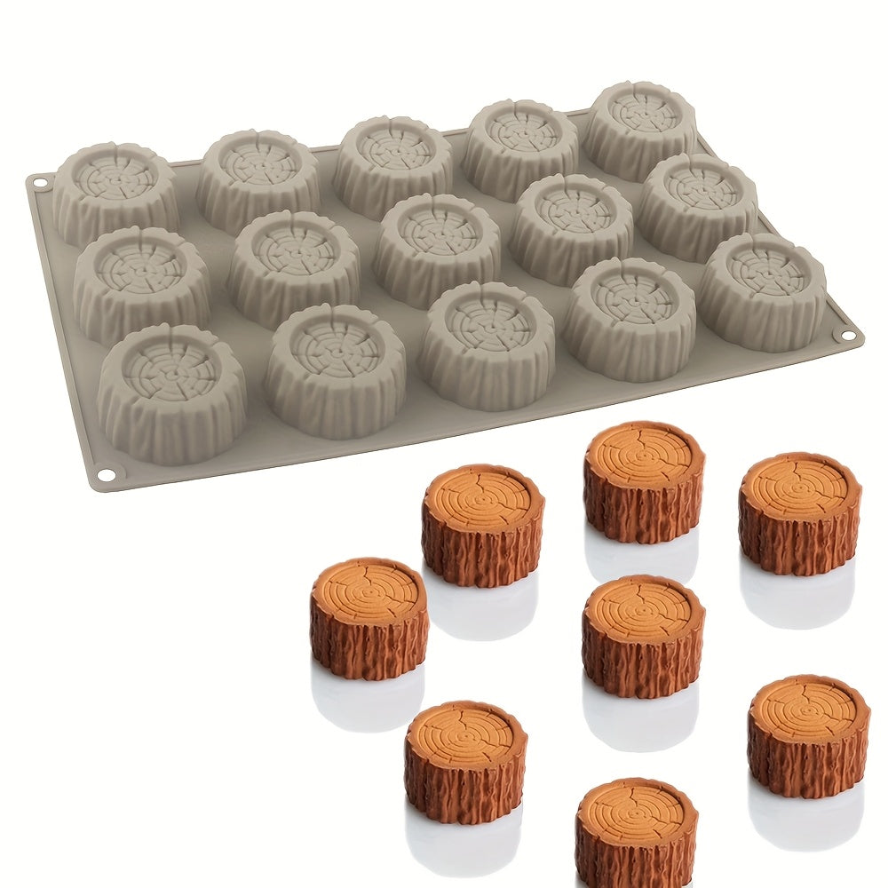 Christmas Stump Mousse Cake Mold, 1pc 15-Cavity Stump Design Chocolate Mold, Silicone Mold, Dessert Making Tool, Kitchen Baking Supplies