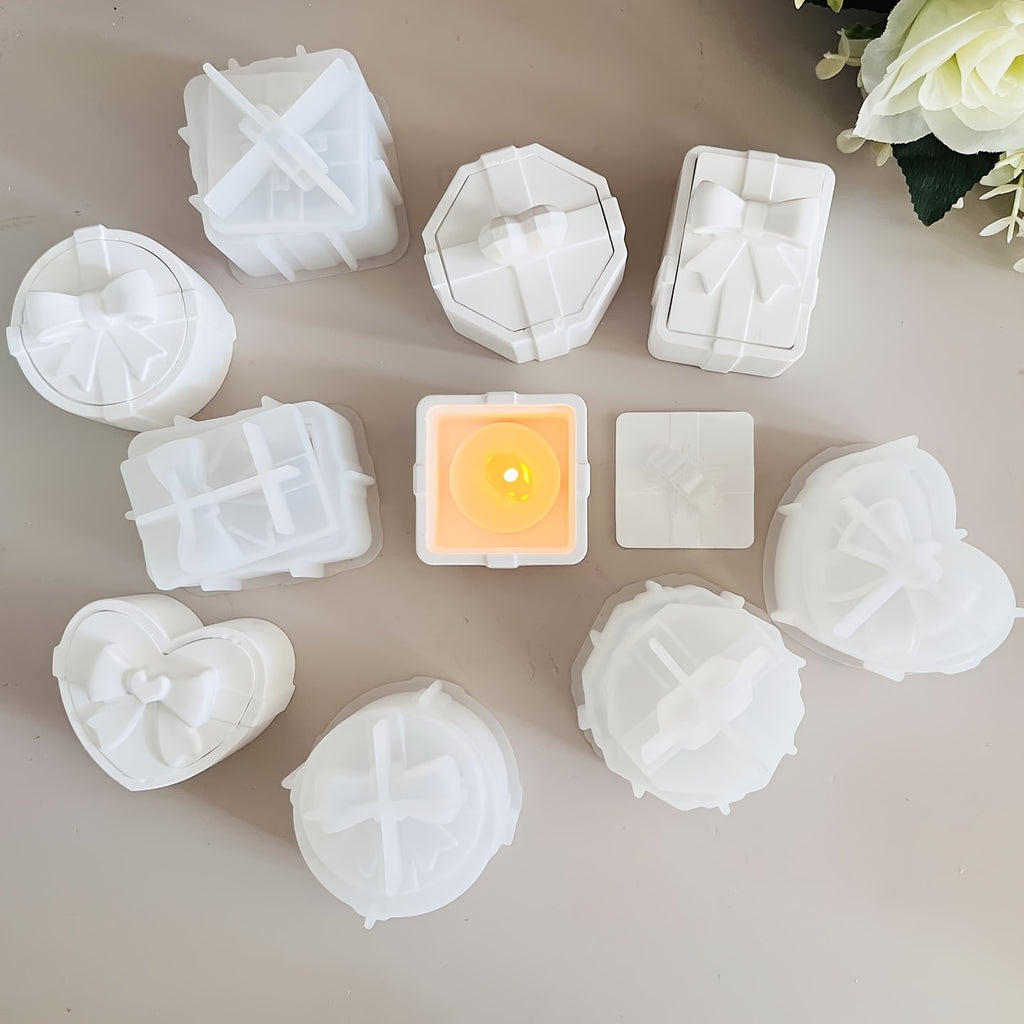 DIY Jewelry & Candle Holder - Silicone Bowknot Gift Box Mold Kit with Lid - Round Storage Jar, Polygonal Container Crafting Tool for Valentine's Day