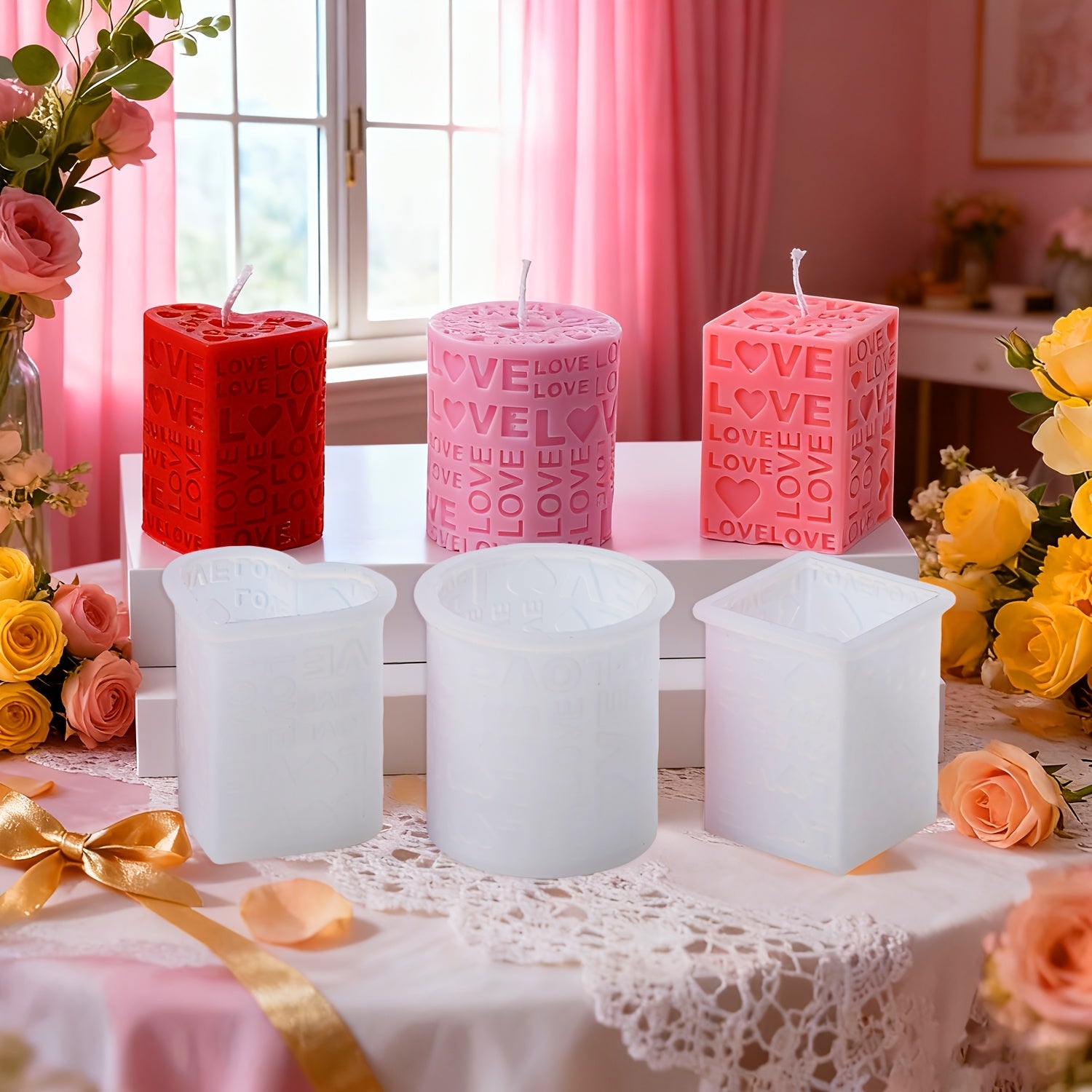 Love Pillar Candle Mold | Embossed LOVE Letters Cylinder & Cube Mold, Silicone Material, Irregular Shape, Ideal for Wedding, Handmade Soap