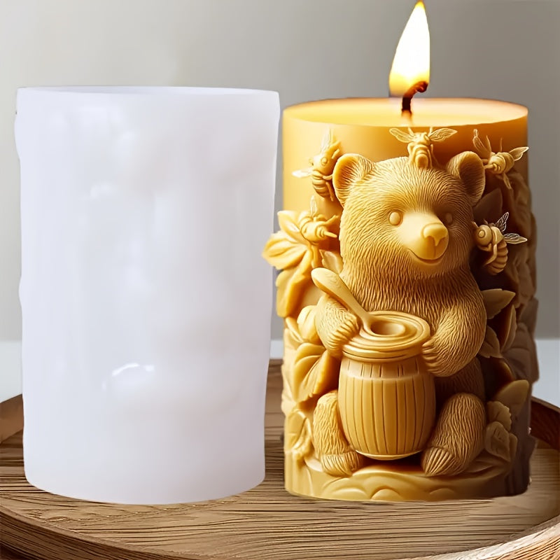Resin Casting Molds 熊抱罐子浮雕圆柱蜡烛硅胶模具-可爱蹲坐熊蜜蜂浮雕圆柱树脂硅胶模具蜜蜂花朵圆柱混凝土水泥石膏硅胶模具