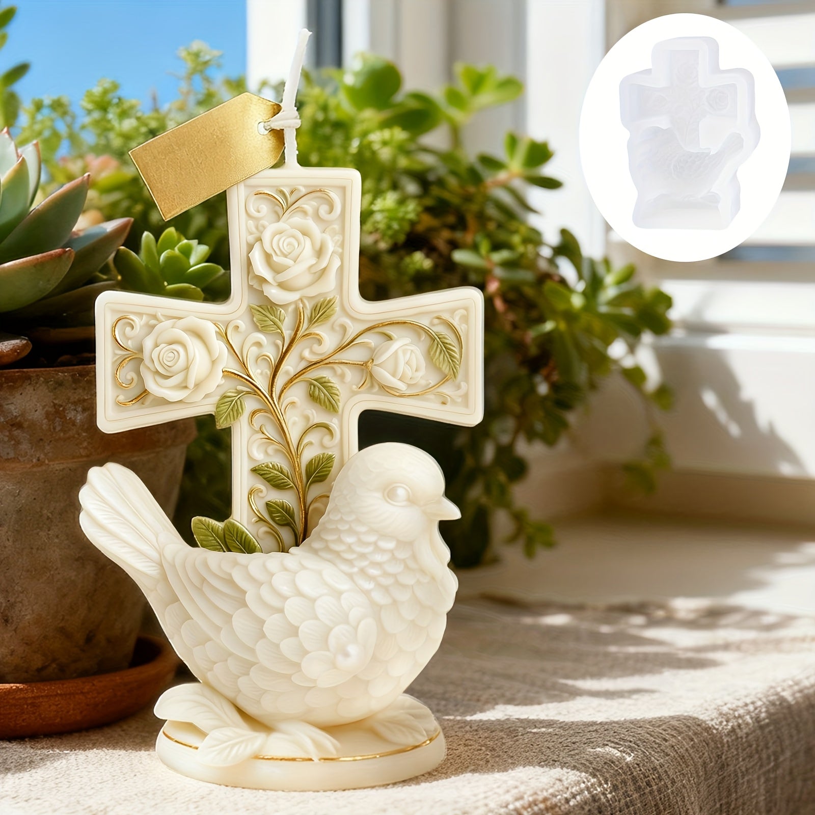 Resin Casting Molds Feature a Dove Design for Candle Making, Intricately Carved with Details of a White Dove And a Cross. This Flexible Silicone Mold Is Easy to Release And Reusable, Making It Ideal for Creating Scented Candles, Resin Art Pieces