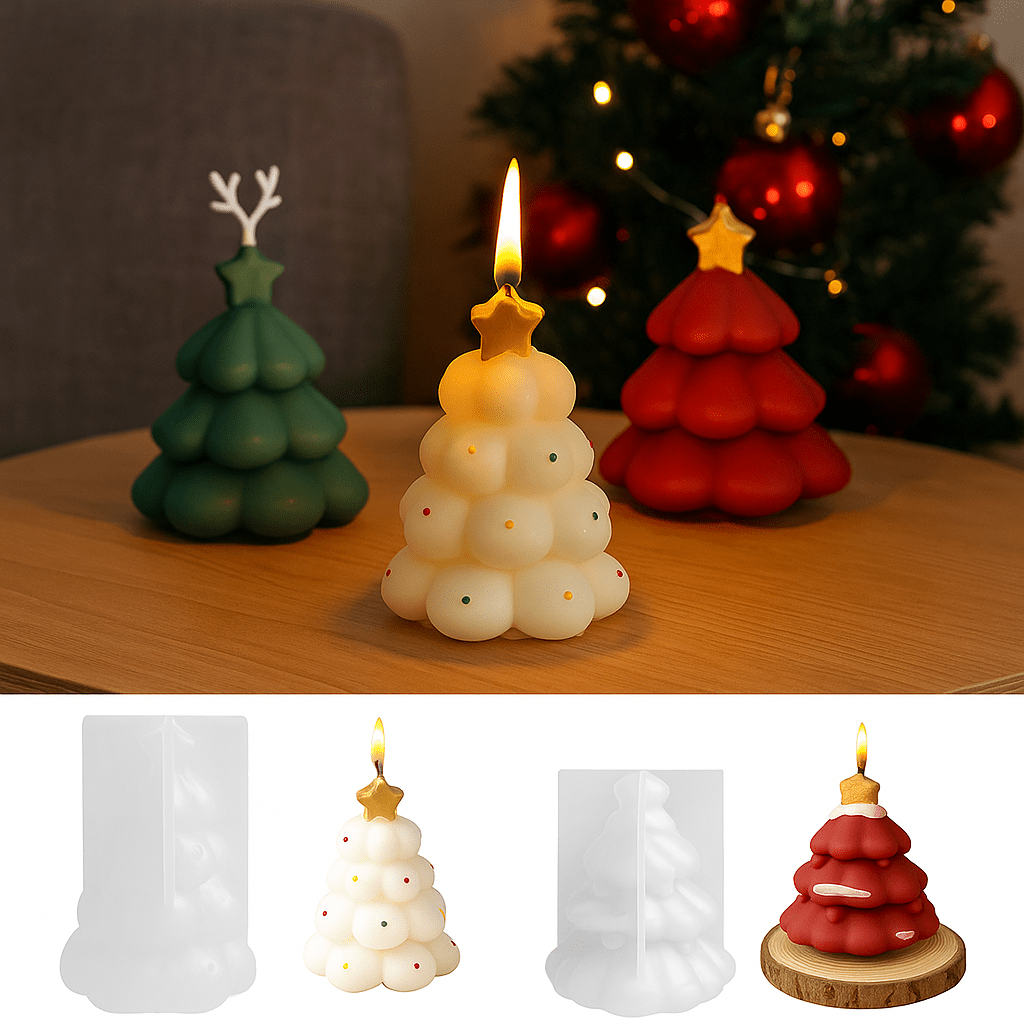 Handmade Christmas Tree Candle Silicone Mold Set with Star Top Decoration. DIY Essential Oil Wax Creative Gift Making Tool Type. It Can Be Used to Make Fragrance Candles, Creating A Romantic And Meaningful Item for The Whole House.