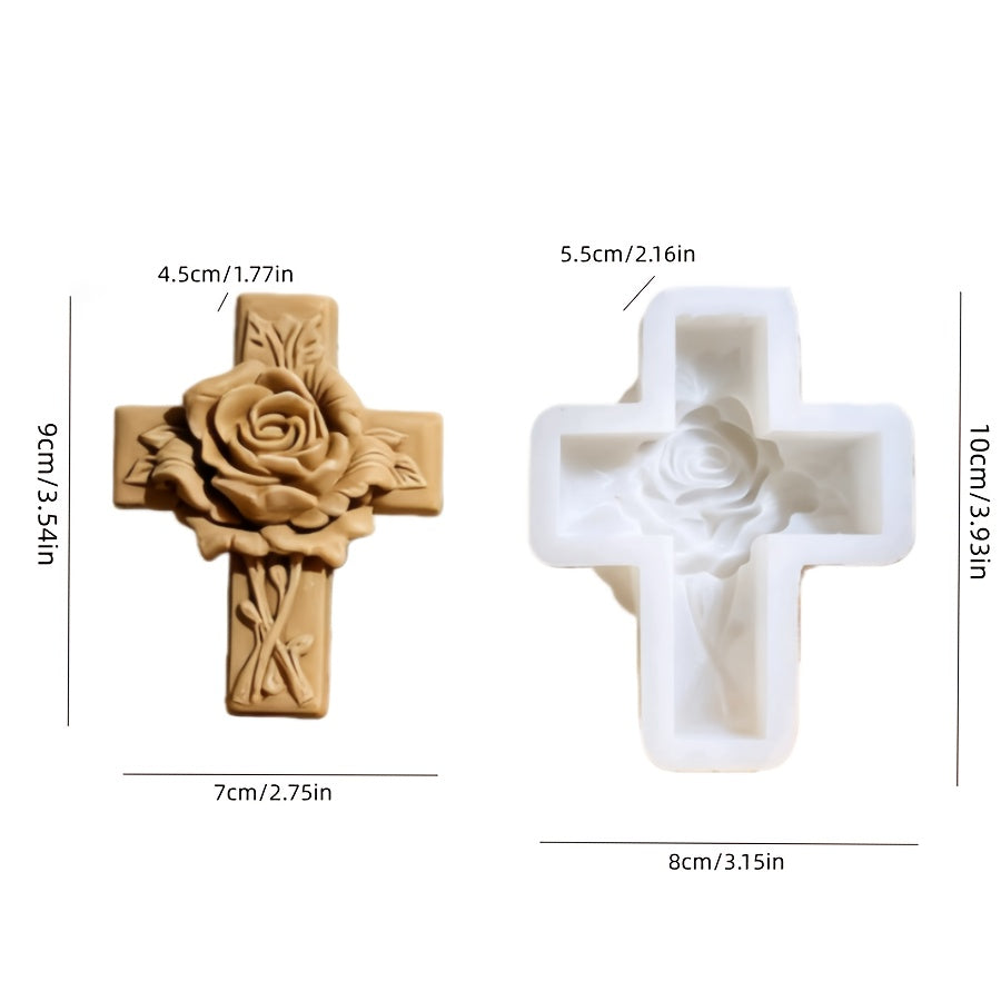 1pc Candle Mold for Large, Medium, And Small Cross-Shaped Scented Candles, Silicone Mold for Cross And Rose Soap Or Plaster