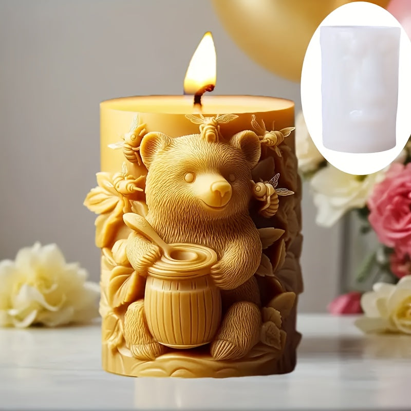 Resin Casting Molds 熊抱罐子浮雕圆柱蜡烛硅胶模具-可爱蹲坐熊蜜蜂浮雕圆柱树脂硅胶模具蜜蜂花朵圆柱混凝土水泥石膏硅胶模具