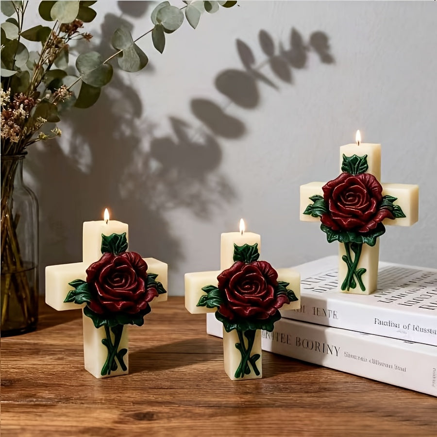 1pc Candle Mold for Large, Medium, And Small Cross-Shaped Scented Candles, Silicone Mold for Cross And Rose Soap Or Plaster