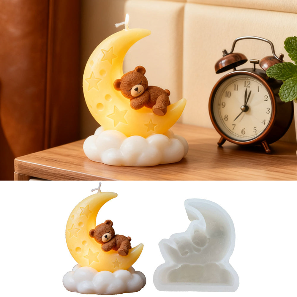 3D Non-Stick Reusable Silicone Mold Compatible for DIY Candle Making & Resin Crafts - Sleeping Bear & Crescent Moon with Clouds Mould, Bedtime-Themed for home Decor, Plaster, Wax Creations - Dreamy Craft for s &
