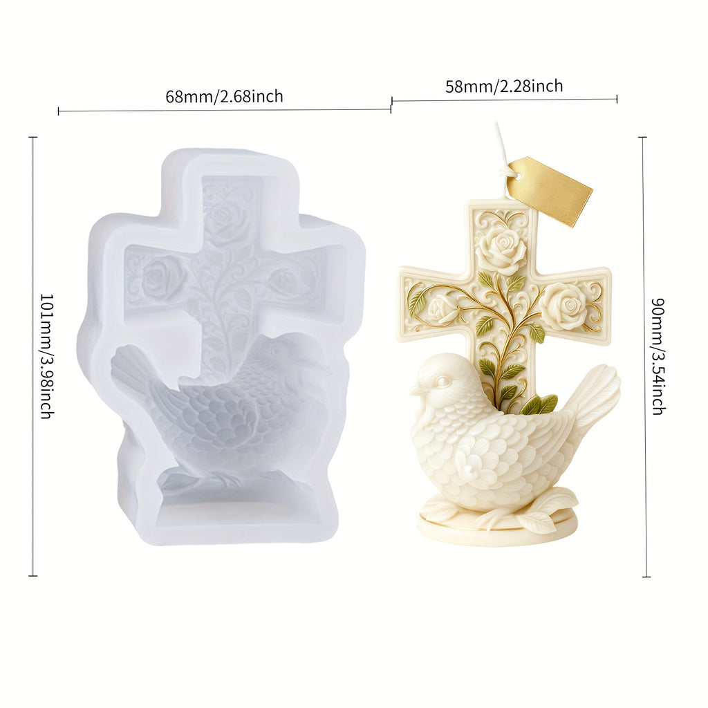 Resin Casting Molds Feature a Dove Design for Candle Making, Intricately Carved with Details of a White Dove And a Cross. This Flexible Silicone Mold Is Easy to Release And Reusable, Making It Ideal for Creating Scented Candles, Resin Art Pieces