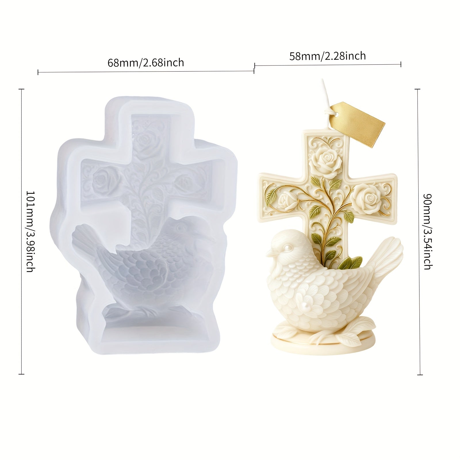 Resin Casting Molds Feature a Dove Design for Candle Making, Intricately Carved with Details of a White Dove And a Cross. This Flexible Silicone Mold Is Easy to Release And Reusable, Making It Ideal for Creating Scented Candles, Resin Art Pieces