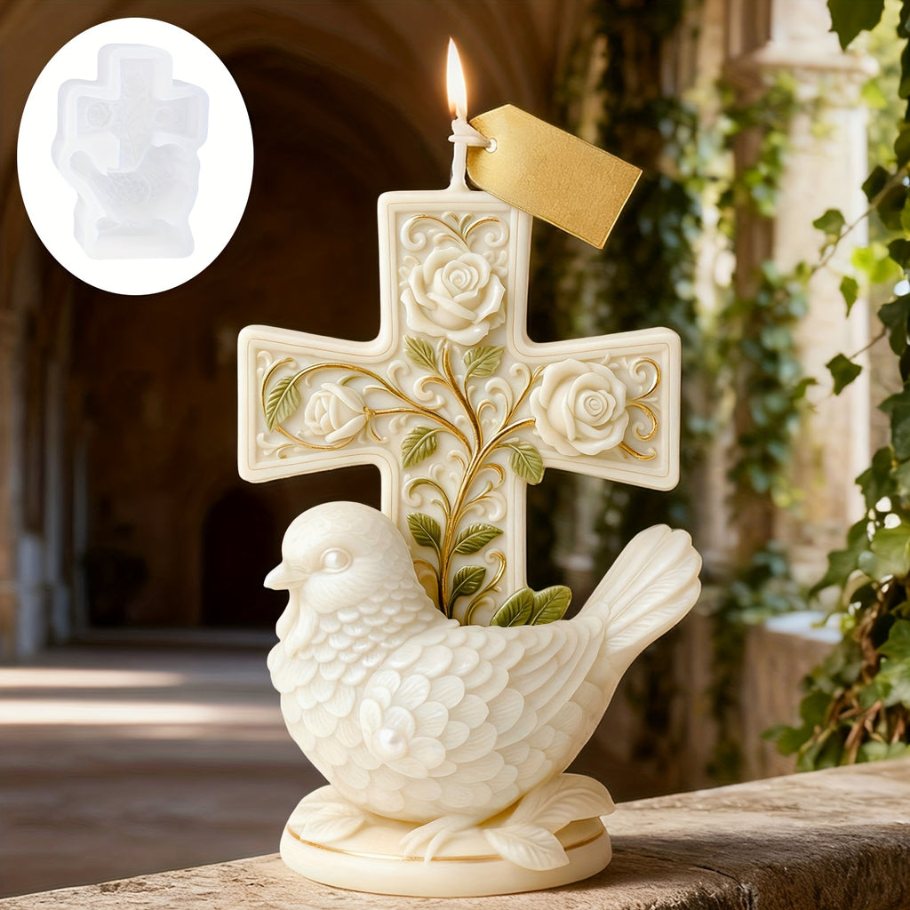 Resin Casting Molds Feature a Dove Design for Candle Making, Intricately Carved with Details of a White Dove And a Cross. This Flexible Silicone Mold Is Easy to Release And Reusable, Making It Ideal for Creating Scented Candles, Resin Art Pieces