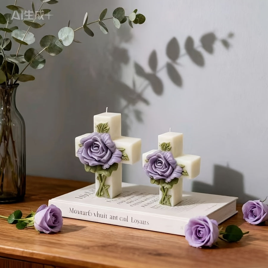 1pc Candle Mold for Large, Medium, And Small Cross-Shaped Scented Candles, Silicone Mold for Cross And Rose Soap Or Plaster