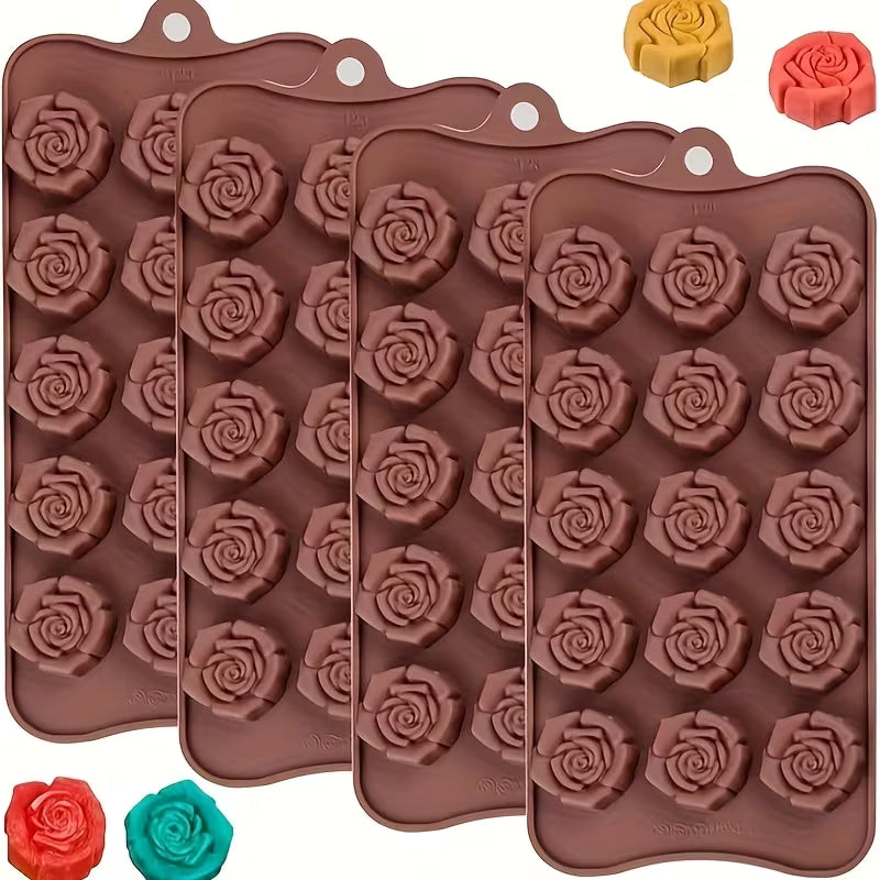 1pcs Non-Stick Chocolate Mold with 15 Rose-Shaped Cavities - Flexible Silicone Baking Tray for Valentine'S Day Holiday Treats