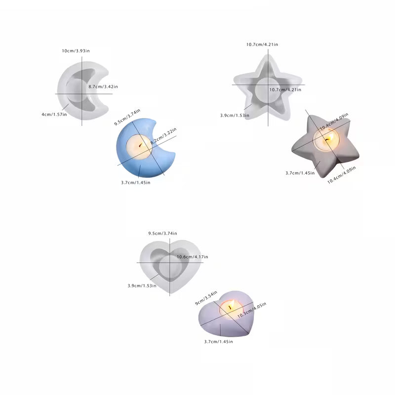 Set of 3 Silicone Molds Featuring Stars, Moons, And Hearts, Perfect for Making Plaster Candle Holders And Home Decorations for Festive Occasions