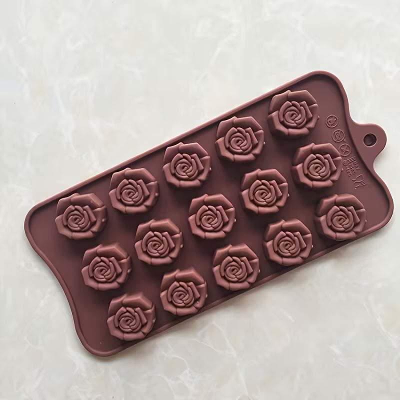 1pcs Non-Stick Chocolate Mold with 15 Rose-Shaped Cavities - Flexible Silicone Baking Tray for Valentine'S Day Holiday Treats