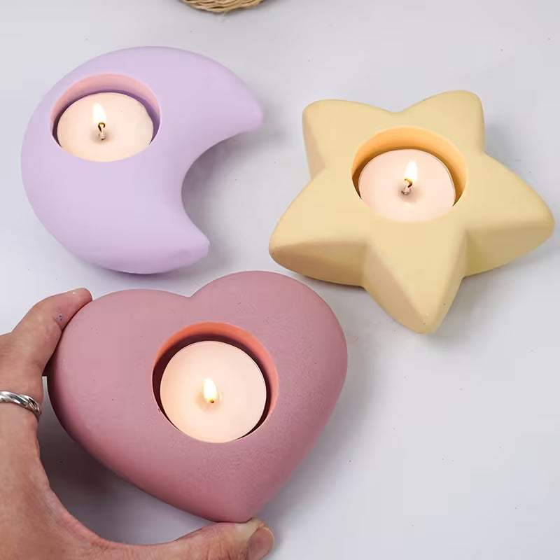 Set of 3 Silicone Molds Featuring Stars, Moons, And Hearts, Perfect for Making Plaster Candle Holders And Home Decorations for Festive Occasions