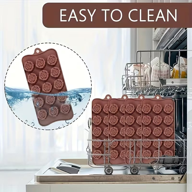 1pcs Non-Stick Chocolate Mold with 15 Rose-Shaped Cavities - Flexible Silicone Baking Tray for Valentine'S Day Holiday Treats