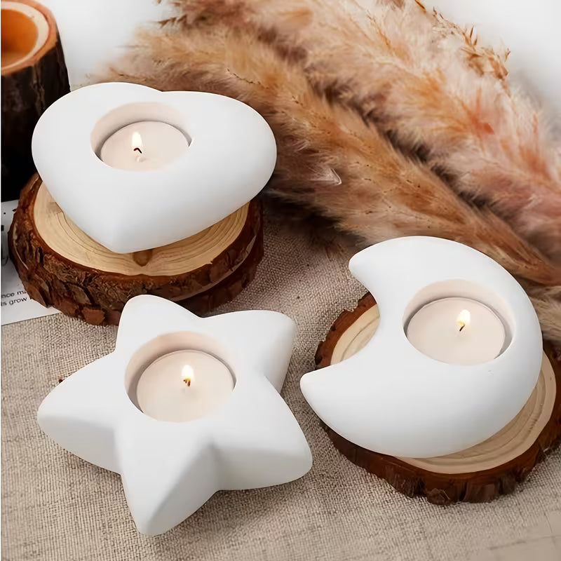Set of 3 Silicone Molds Featuring Stars, Moons, And Hearts, Perfect for Making Plaster Candle Holders And Home Decorations for Festive Occasions