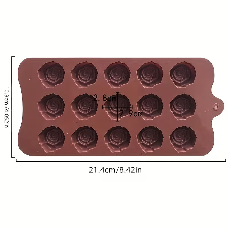 1pcs Non-Stick Chocolate Mold with 15 Rose-Shaped Cavities - Flexible Silicone Baking Tray for Valentine'S Day Holiday Treats