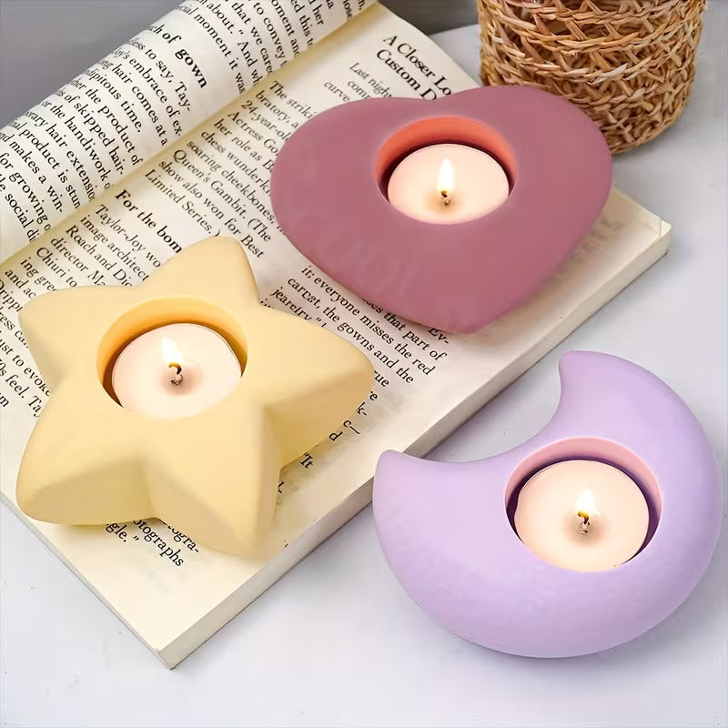 Set of 3 Silicone Molds Featuring Stars, Moons, And Hearts, Perfect for Making Plaster Candle Holders And Home Decorations for Festive Occasions
